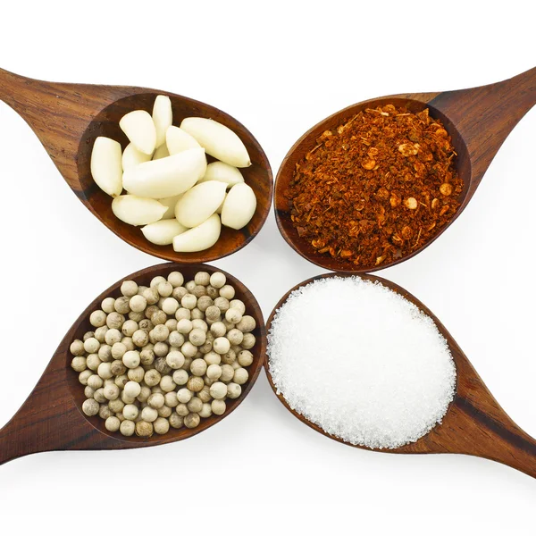 Cayenne, Pfeffer, Knoblauch und Zucker in einem Löffel — Stockfoto