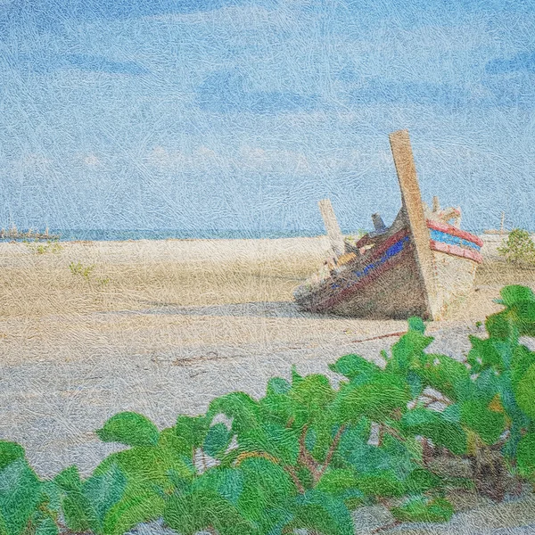 Textura de papel con barco en la playa — Foto de Stock