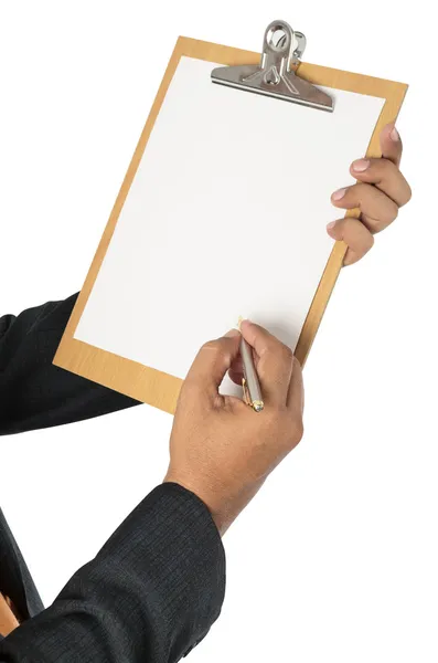 Hände mit Stift zur Prüfung von Dokumenten — Stockfoto