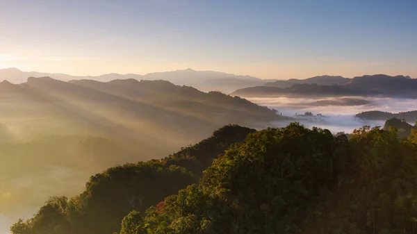 Beautiful Panorama Aerial View Landscape Sunbeam Fog Morning Baan Jabo — Stock Photo, Image