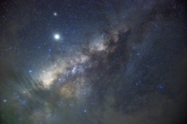 Samanyolu Galaksisi 'nde yıldızlar ve evrendeki uzay tozu, uzun süratli maruz kalma, renkli Samanyolu ile gece manzarası, yazın yıldızlı gökyüzü, Güzel Evren, Uzay arkaplanı.