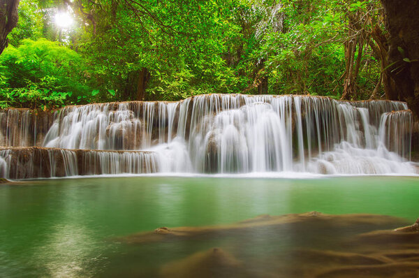 Landscape Huay Mae Kamin waterfall, Srinakarin Dam in Kanchanaburi, Thailand.