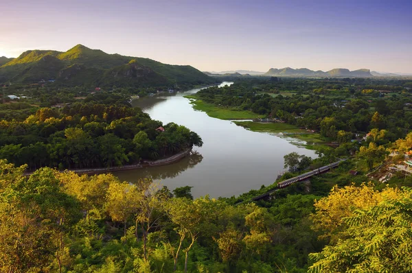 Beautiful Landscape Morning Kwai Noi River Curve Mountains Golden Chedi — Stock Photo, Image