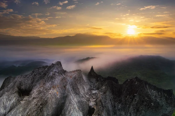 Aerial View Beautiful Rock Morning Scenery Golden Light Sunrise Mist — Stock Photo, Image