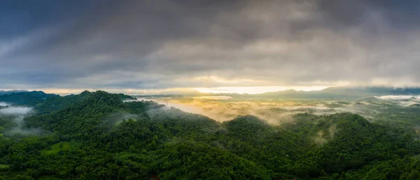Aerial View Beautiful Panorama Morning Scenery Golden Light Sunrise Mist — Foto de Stock