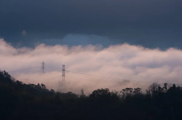 Повітряний Вид Вежі Передачі Зеленому Лісі Красивий Ранковий Гладкий Туман — стокове фото