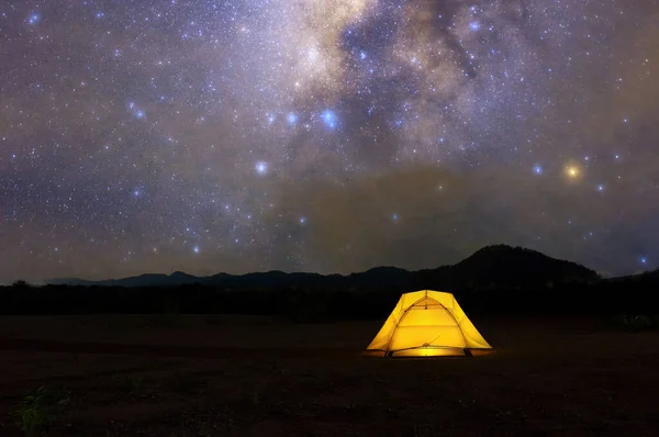 Yellow Tent Milky Way Galaxy Lampang Thailand Universe Galaxy Milky — Fotografia de Stock