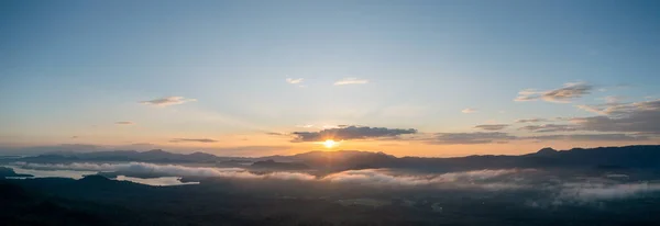 Aerial View Beautiful Panorama Morning Scenery Golden Light Sunrise Mist — Stock Photo, Image