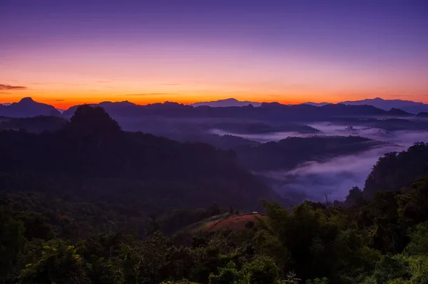 Aerial View Beautiful Morning View Sunrise Golden Light Mist Flowing — 스톡 사진