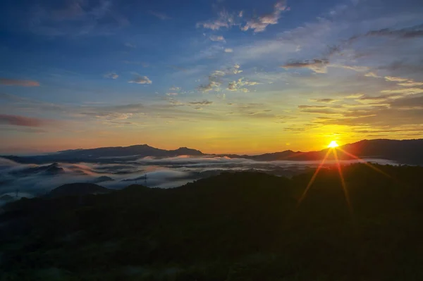 Aerial View Beautiful Panorama Morning Scenery Golden Light Sunrise Mist — Stock Photo, Image