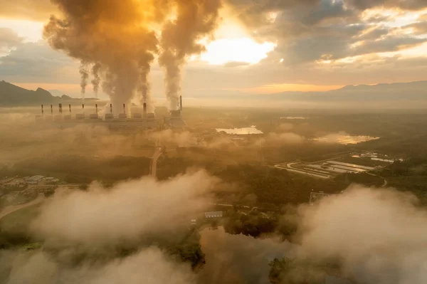 Centrala Electrică Cărbune Vedere Aeriană Ceața Dimineții Soarele Dimineață Răsare — Fotografie, imagine de stoc