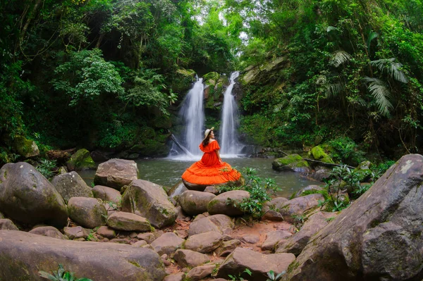 Beautiful Woman Red Dress Front Sapan Waterfall Khun Nan National — Stock Photo, Image