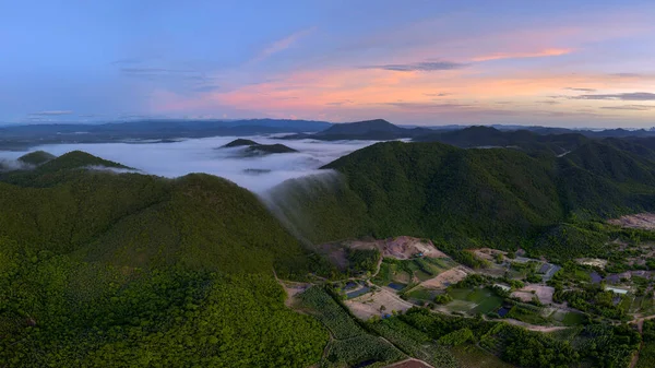 Nebbia Forestale Vista Aerea Foresta Mare Nebbia Mattino Alba Nong — Foto Stock