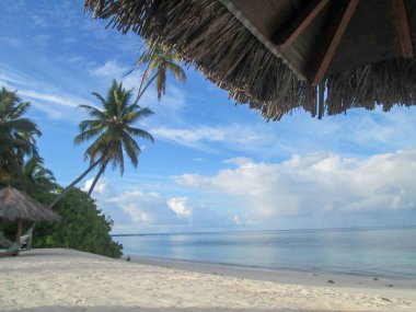 Desroches adasında karamsar gökyüzü olan tropik plaj