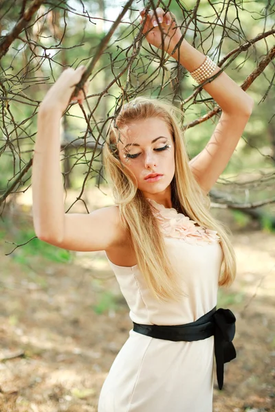 Retrato de una hermosa chica posando en un parque de pinos —  Fotos de Stock