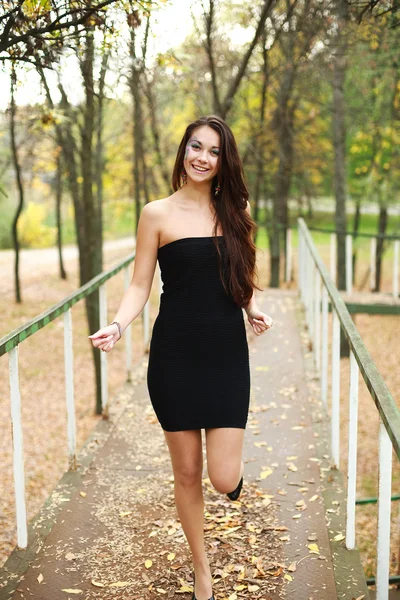 Glimlachend gelukkig meisje gaat op de brug in herfst park — Stockfoto
