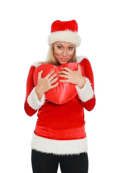 Ragazza di Natale con grande cuore rosso in mano, isolato su sfondo bianco — Foto Stock