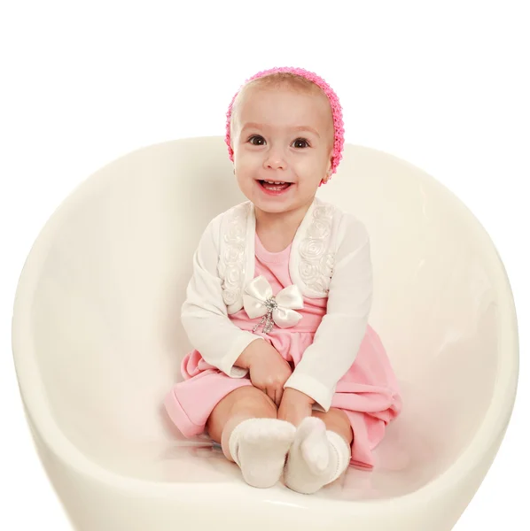 Happy smiling baby infant in the studio, on a white background — Stock Photo, Image