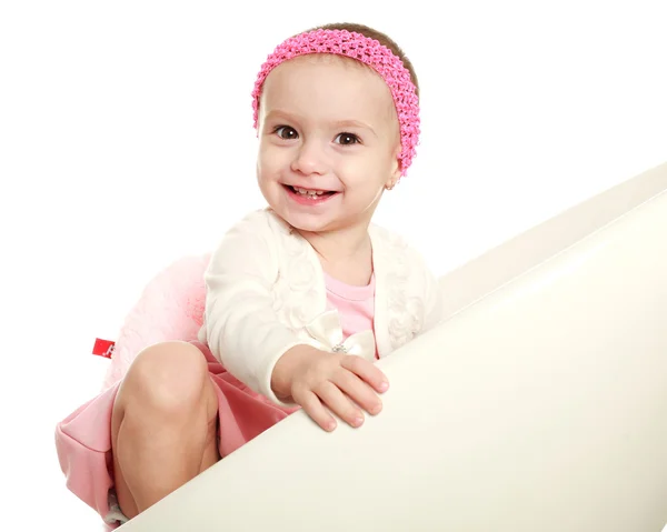 Happy smiling baby infant in the studio, on a white background — Stock Photo, Image