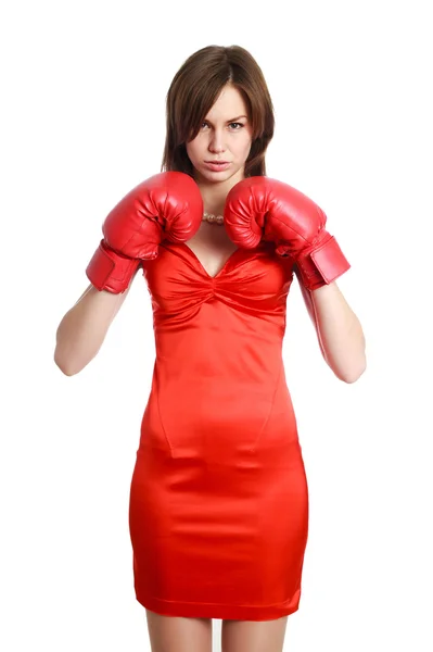 Woman in red, wearing boxing gloves, isolated on white — Stock Photo, Image