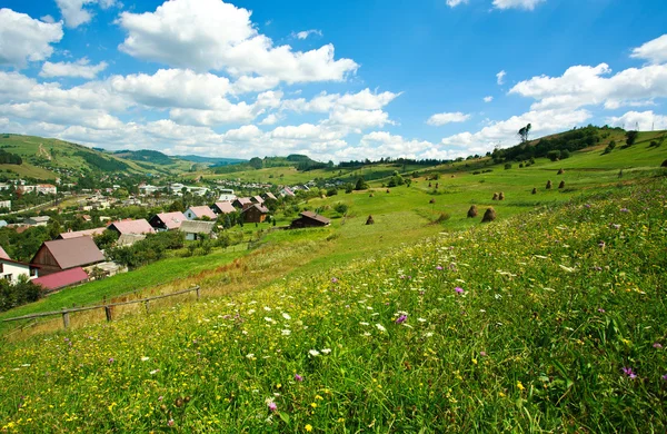 Zomer landschap in de Karpaten dorpen onder een blauwe lucht — Stockfoto