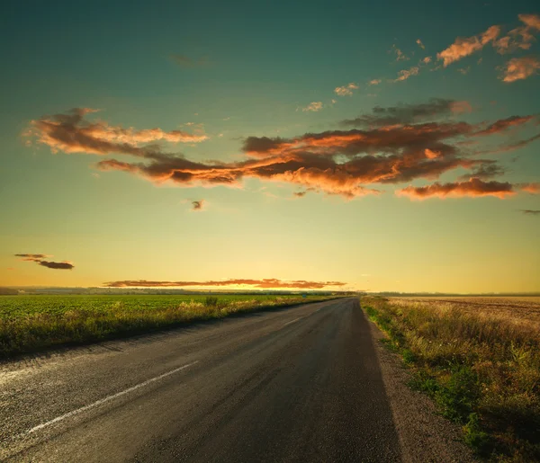 Strada solitaria che conduce all'orizzonte al tramonto sfondo del cielo — Foto Stock