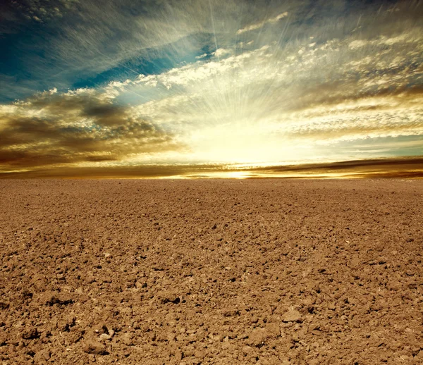 Campo de cultivo arado en el fondo del cielo del atardecer — Foto de Stock