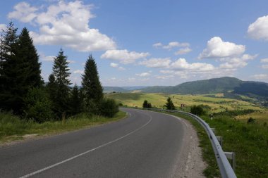 Ormandaki bir dağda asfalt yol, beyaz bulutlu mavi gökyüzünün arka planı, Ukrayna, Karpatlar