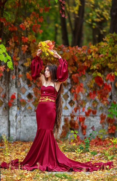 Młoda Dama Luksusowej Długiej Burgundowej Sukience Koroną Głowie Kolorowym Jesiennym — Zdjęcie stockowe