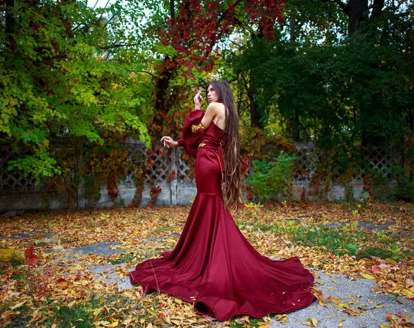 Young Lady Luxurious Long Burgundy Dress Crown Her Head Colorful — Stock Photo, Image