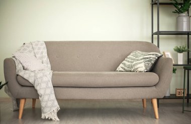 Yastıklı gri bir kanepe ve bitkilerle dolu metal bir raf. Duvara dayalı, minimalist modern oturma odası iç mimarisi.