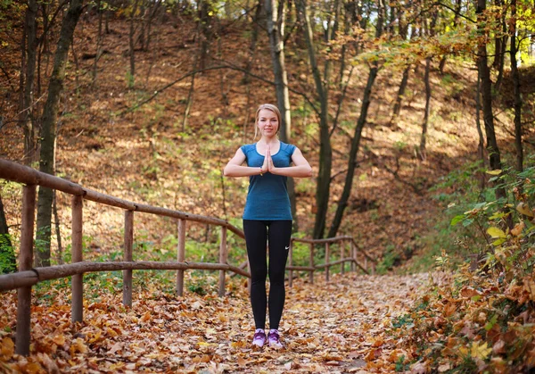 Mladá Štíhlá Žena Dělá Fitness Cvičení Strečink Podzimním Lesoparku Pozadí — Stock fotografie