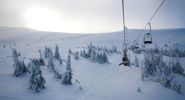 눈덮인 꼭대기에서 스키를 산비탈을 올라가는데 지평선 너머로 — 스톡 사진