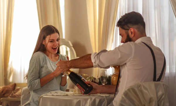 Young Loving Happy Couple Celebrating Home Together Table Giving Each — Stock Photo, Image