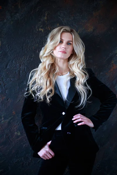 Lovely Business Lady Black Suit Portrait Woman Long Blond Curly — Photo