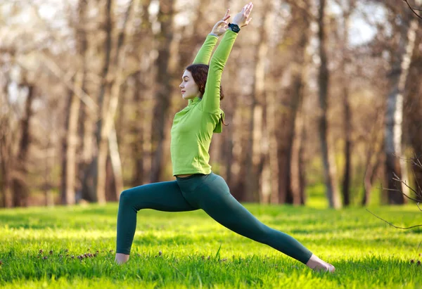 Jonge Vrouw Yogi Het Park Het Groene Gras Doen Fitness — Stockfoto
