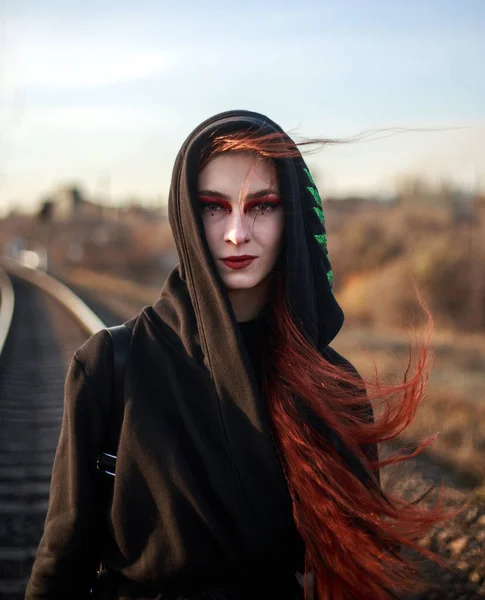 Young Lonely Woman Walking Railway Track Background Industrial City Despair — Stockfoto