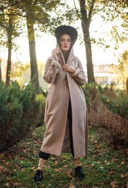 Stylish Fashionable Young Lady Beige Coat Hooded Cloak Park Background — Stock Photo, Image
