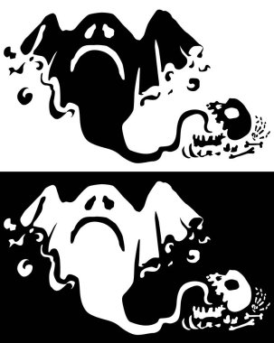 Canavar cadılar bayramı yaratığı hayalet silueti simsiyah, vektör çizimi, yatay, beyaz, izole edilmiş