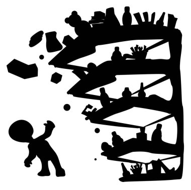 Dükkan rafları düşüyor tehlike figürü silüet simsiyah, vektör çizimi, yatay, beyaz, izole edilmiş