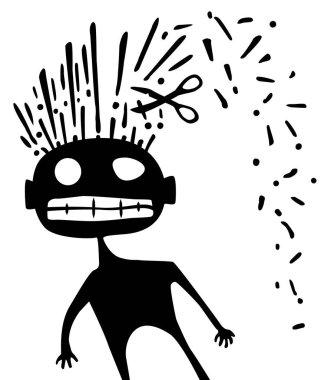 Saç kesimi süpriz figür simsiyah, vektör çizimi, dikey, beyaz, izole