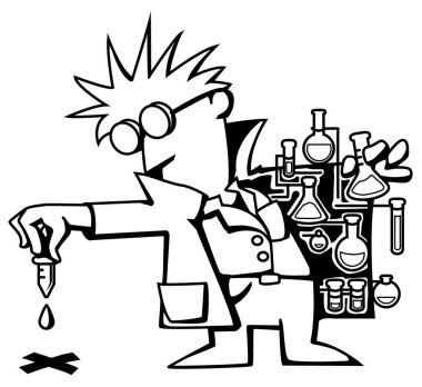 Laboratuvar seçimleri çizgi çizgi çiziminden bir damla sıvı kimyasalın düşüşünü test eden bilim adamı, vektör, yatay, siyah ve beyaz, izole edilmiş