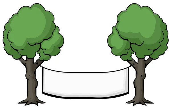 Banner Leer Gestreckt Zwischen Zwei Bäumen Cartoon Farbzeichnung Vektorillustration Horizontal — Stockvektor