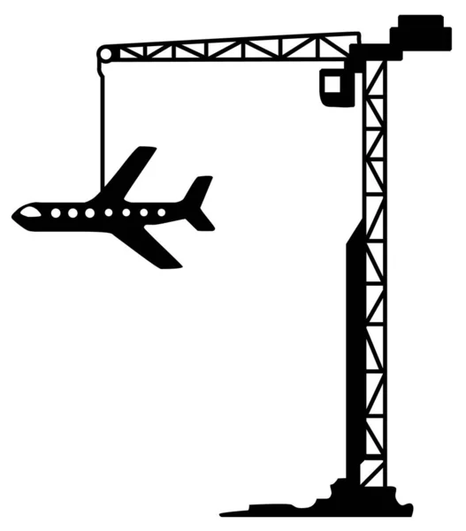 Construction Crane Airplane Hanging Silhouette Outline Black Vector Illustration Vertical — Stock Vector