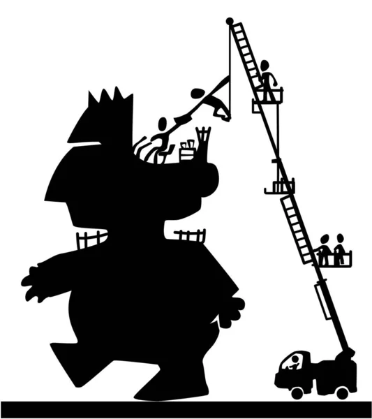 Gigantische Figur Fahrer Bestellt Szene Silhouette Cartoon Schwarz Vektorillustration Horizontal — Stockvektor
