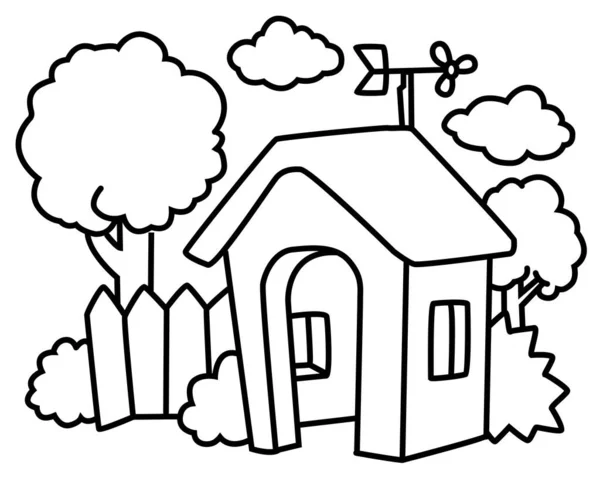 Casa Cabaña Dibujo Línea Dibujos Animados Vector Horizontal Blanco Negro — Vector de stock