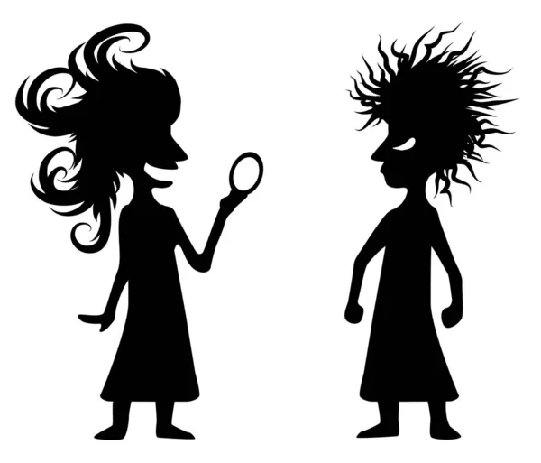 Mulheres Penteado Inveja Figuras Silhueta Engraçado Desenho Animado Estêncil Preto — Vetor de Stock