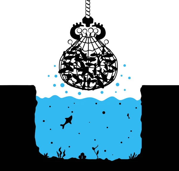 Fischernetz Schaufel Alle Fische Szene Silhouette Cartoon Schwarz Und Farbe — Stockvektor