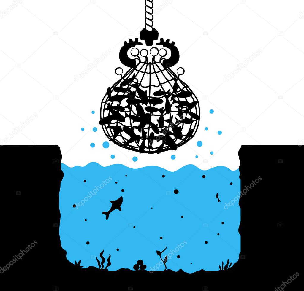 Fishing net scoop all fish scene silhouette cartoon black and color, vector illustration, horizontal