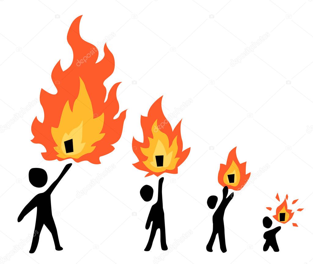 Hot item burning holding up figures silhouette stencil black, vector illustration, horizontal, over white, isolated